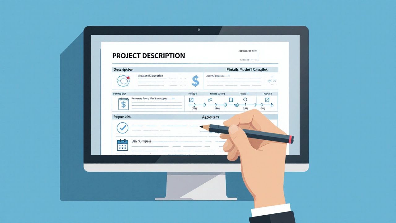 A computer screen displaying a clean quote template with checklist items and payment terms.