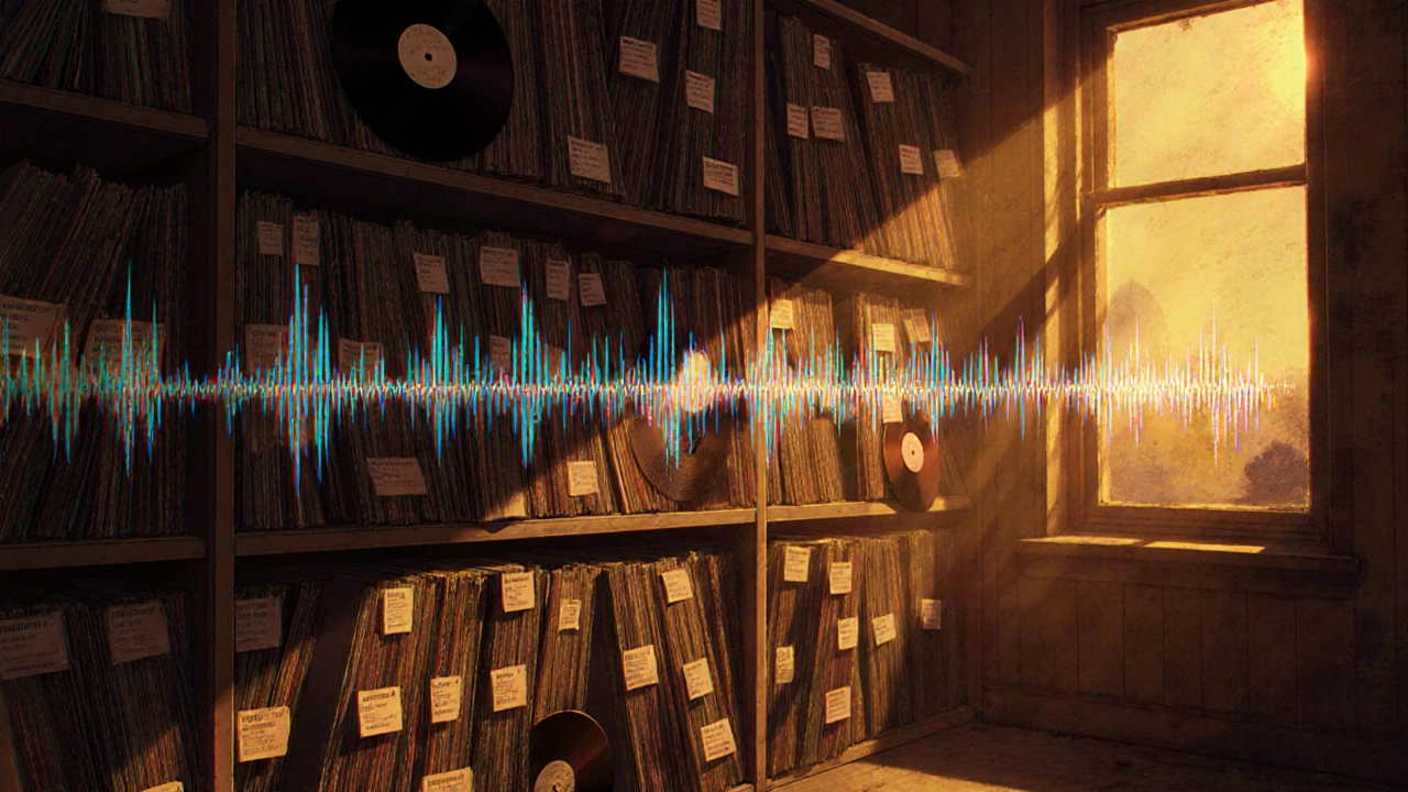 A digital archive wall with audio files and vinyl records transforming into sound waves.