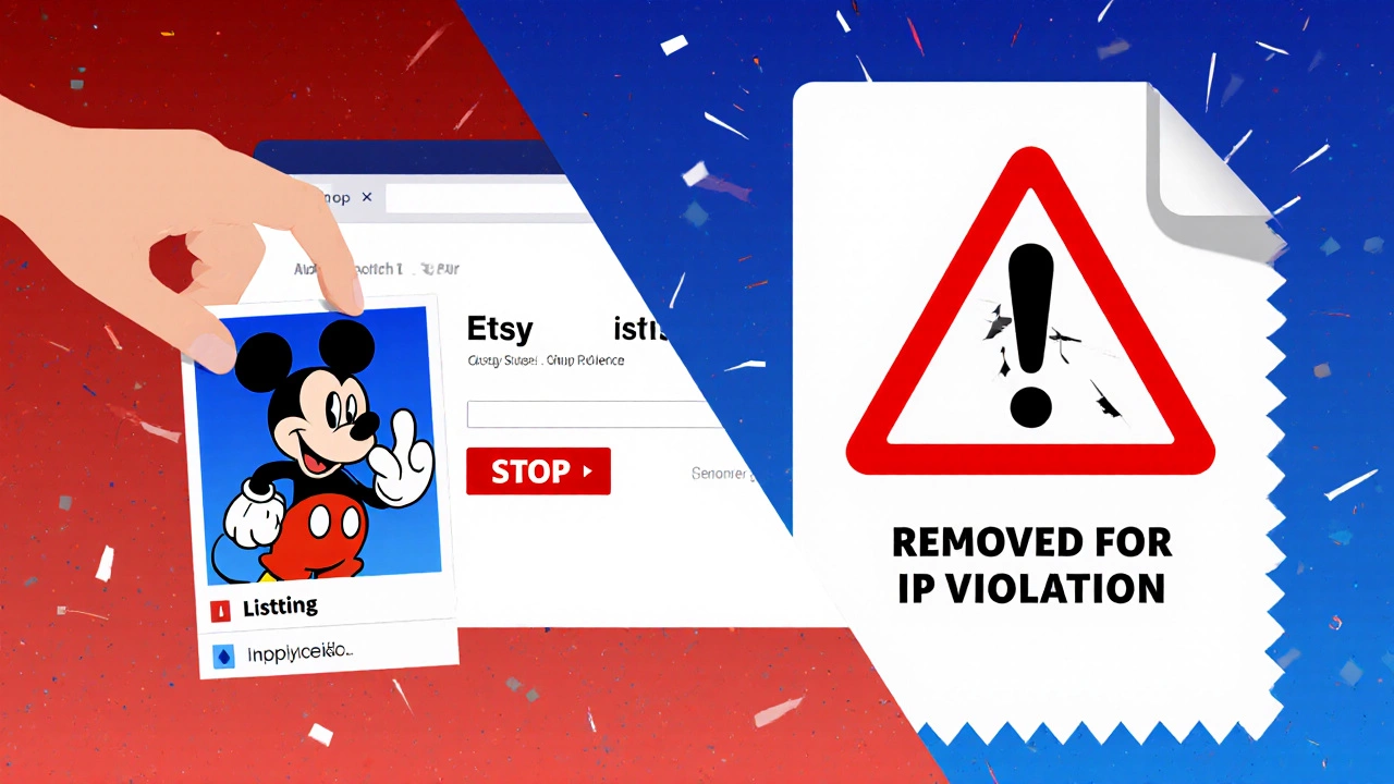 A warning symbol over a copyrighted character being copied into a digital file, representing Etsy IP violation.