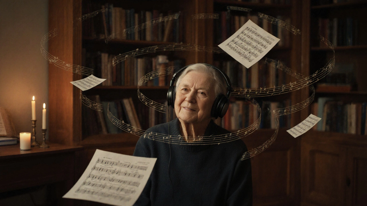 An elderly listener surrounded by floating classical music notes in a cozy, candlelit room.