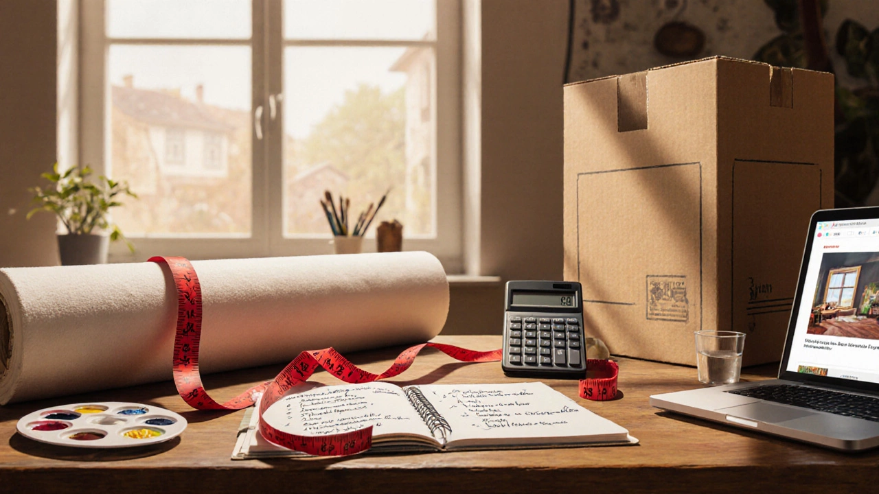 Artist's studio desk with canvas, measuring tape, calculator, and shipping box illustrating a size‑selection checklist.