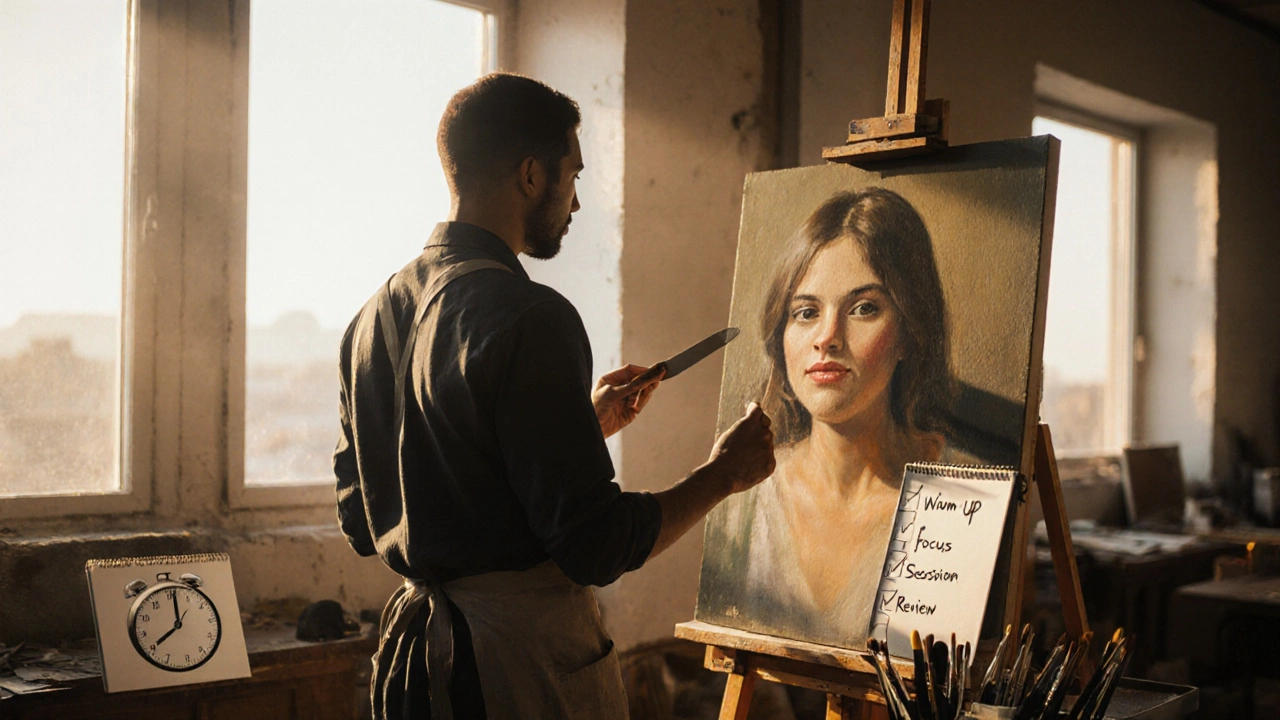 Artist admiring a finished realistic portrait, timer and checklist nearby.