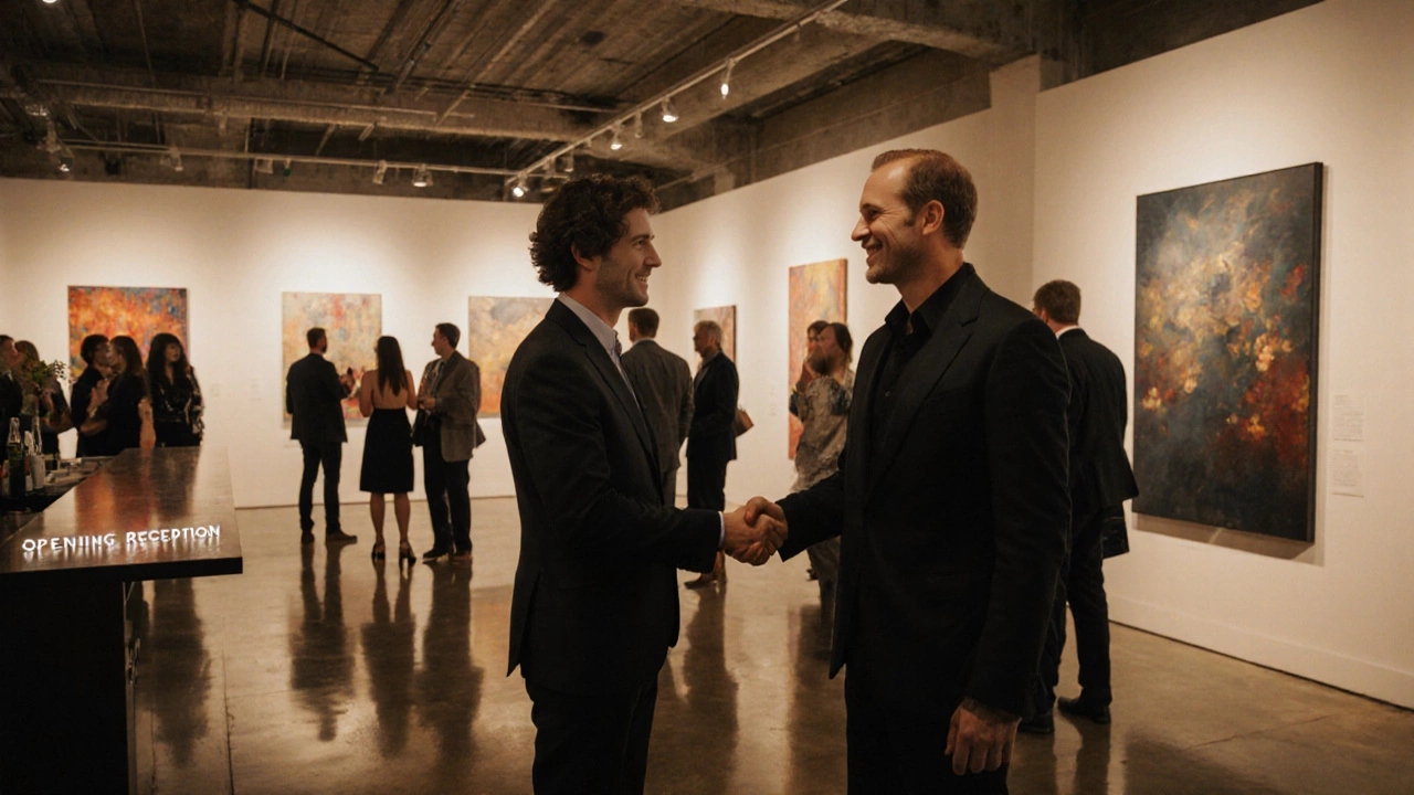 Artist and gallery director shaking hands at a warmly lit exhibition opening.