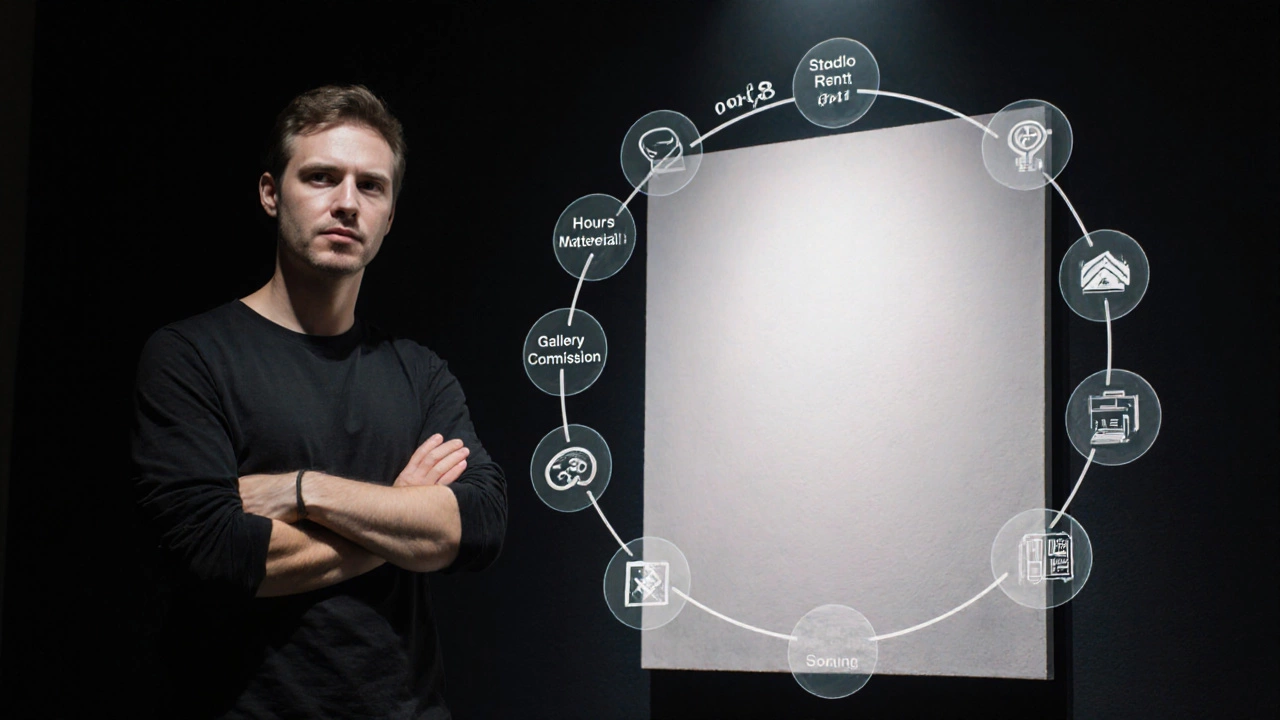 Artist beside their painting with transparent cost components floating around it.