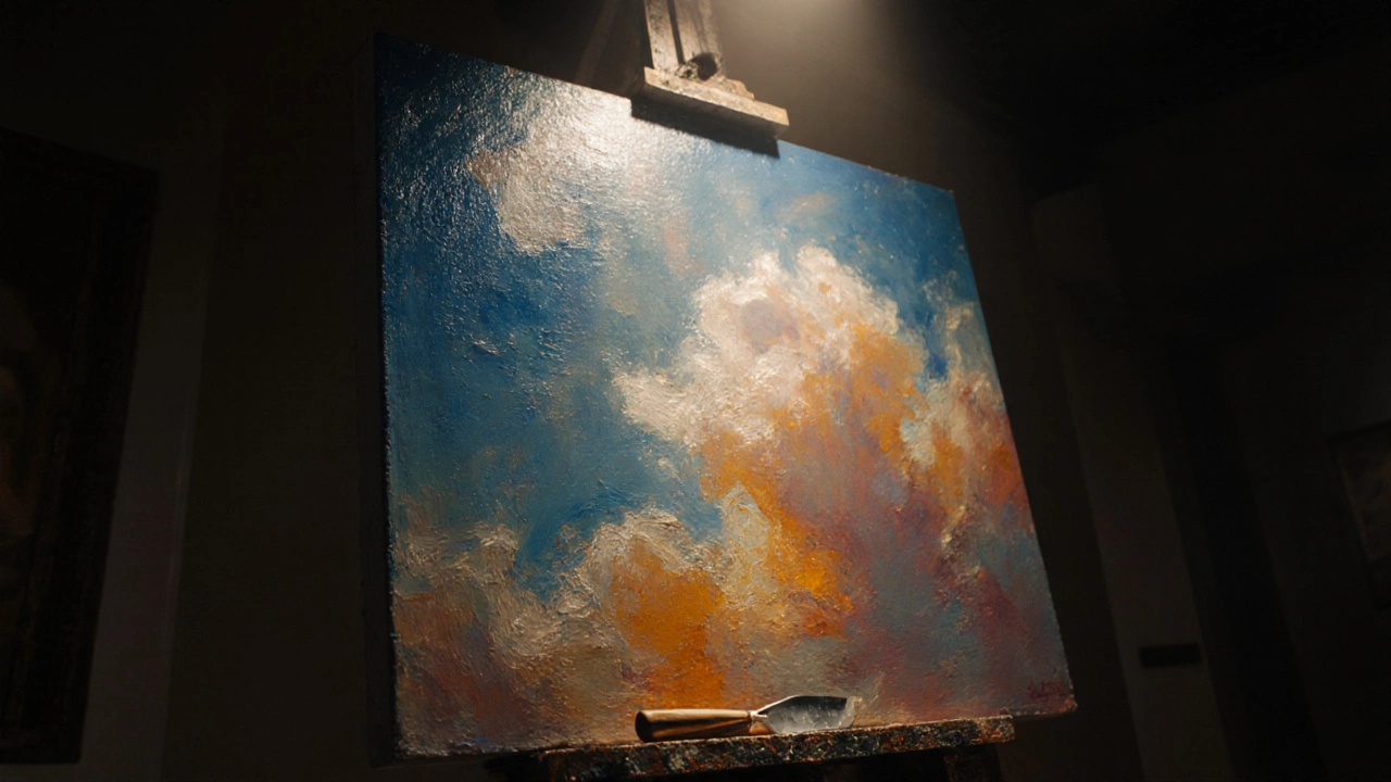 Brightened oil painting on easel illuminated by a spotlight, showing glossy varnish highlights.