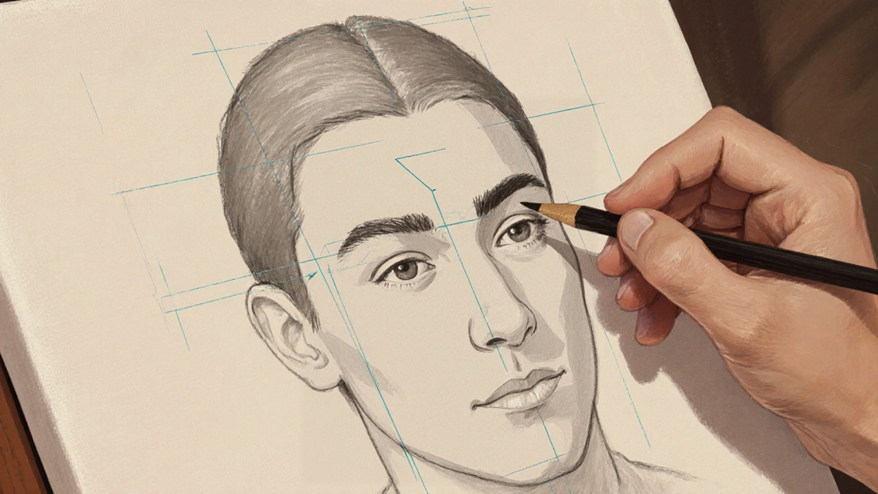 Close‑up of a charcoal sketch on canvas showing facial guidelines and a hand drawing.
