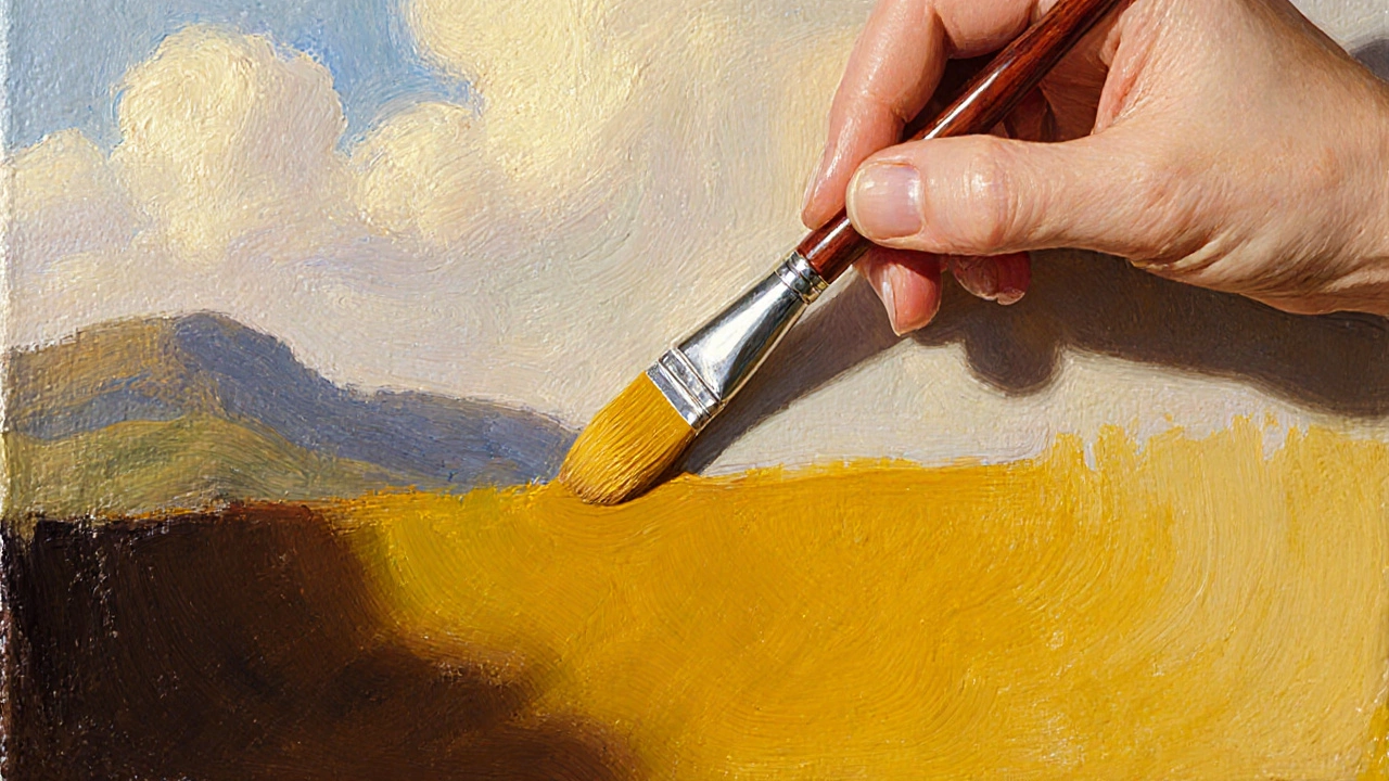 Close‑up of hand applying a transparent glaze over a shadowed area of a canvas.