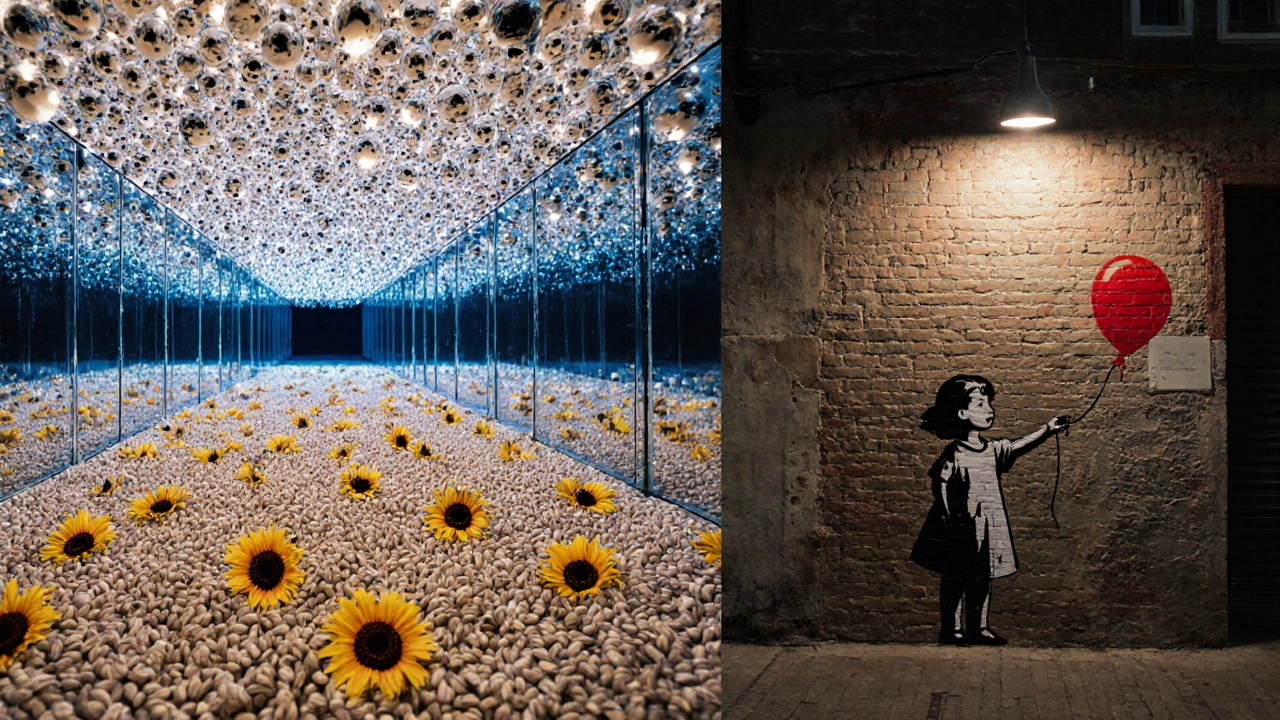 Collage of Kusama mirror room, Ai Weiwei sunflower seeds, and Banksy stencil on a brick wall.