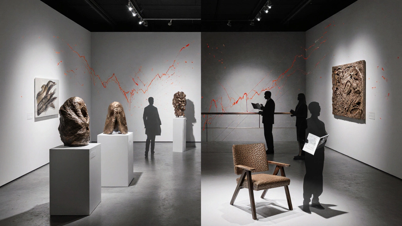 Contemporary gallery showing bronze sculptures alongside functional design pieces, highlighting hybrid roles.