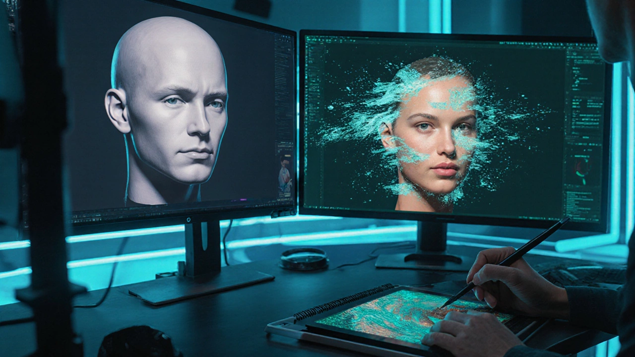 Digital artist workstation where a 3D model and digital brush strokes merge to create a realistic portrait.