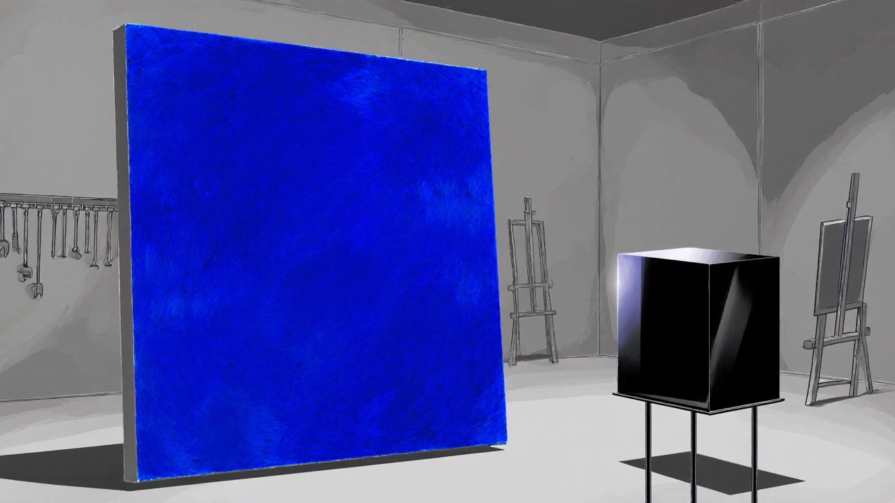 Digital illustration shows a solid blue canvas and a sleek black metal box against a muted studio background.