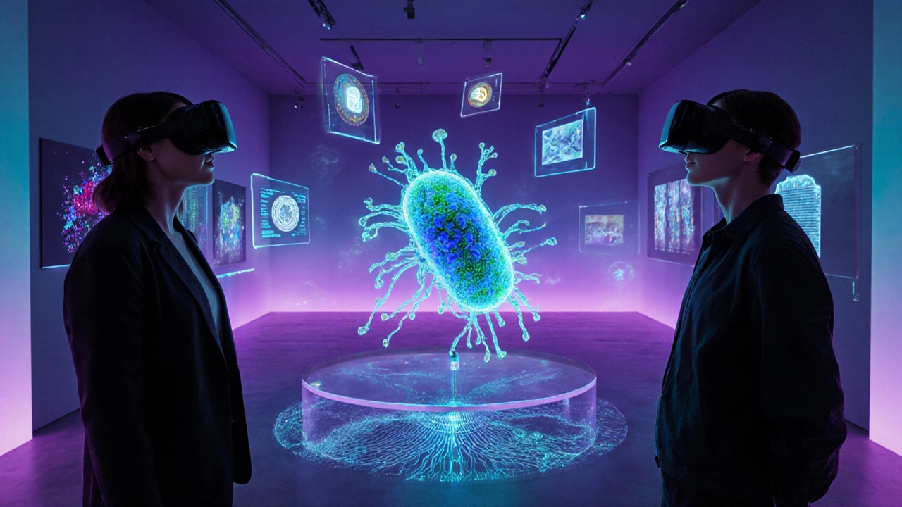 Dim gallery with VR visitors, glowing bio‑art sculpture, and floating NFT holograms.
