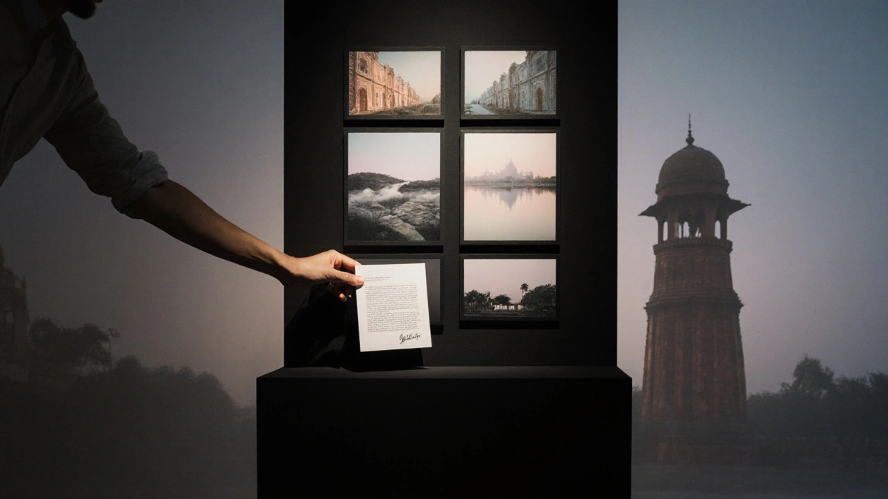 Eight‑image series displayed on a pedestal with a hand holding a statement.