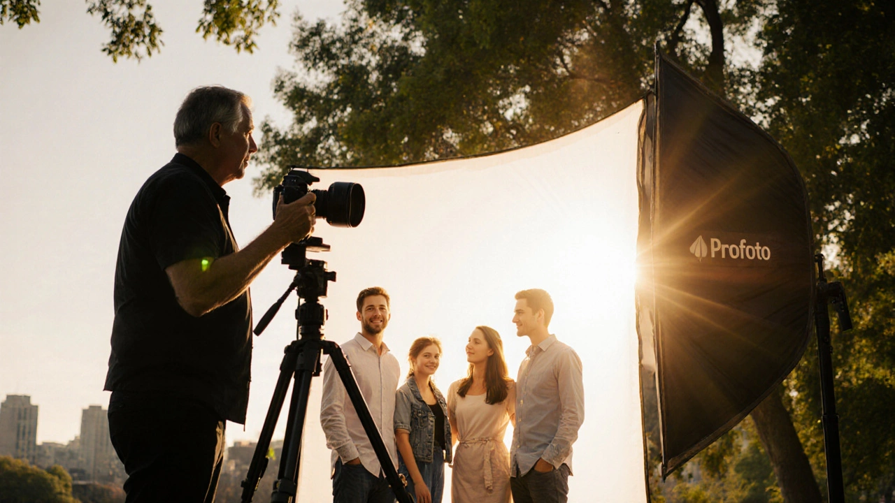 Family portrait session in a park with professional lighting and city backdrop at golden hour.