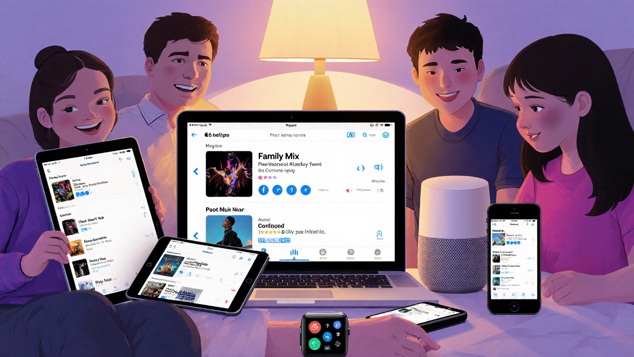 Family using different Apple devices, all displaying the same Apple Music playlist.