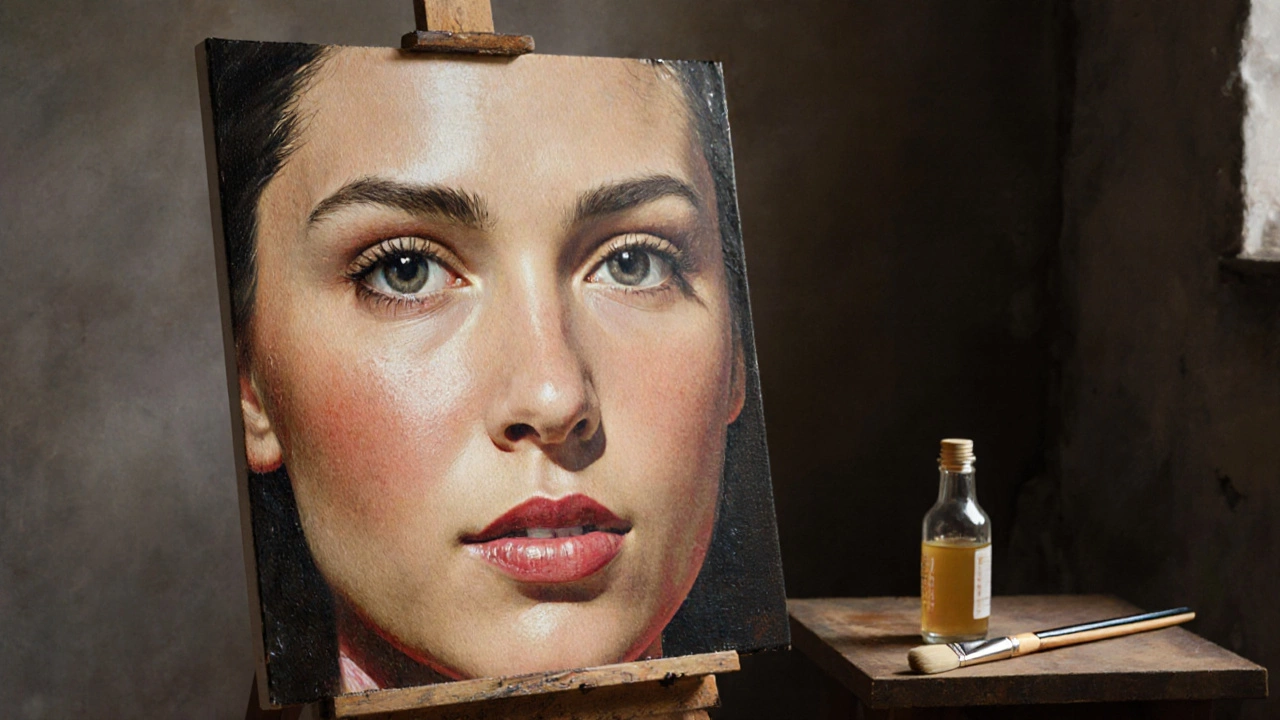 Finished oil portrait on an easel with highlighted features and varnish bottle nearby.