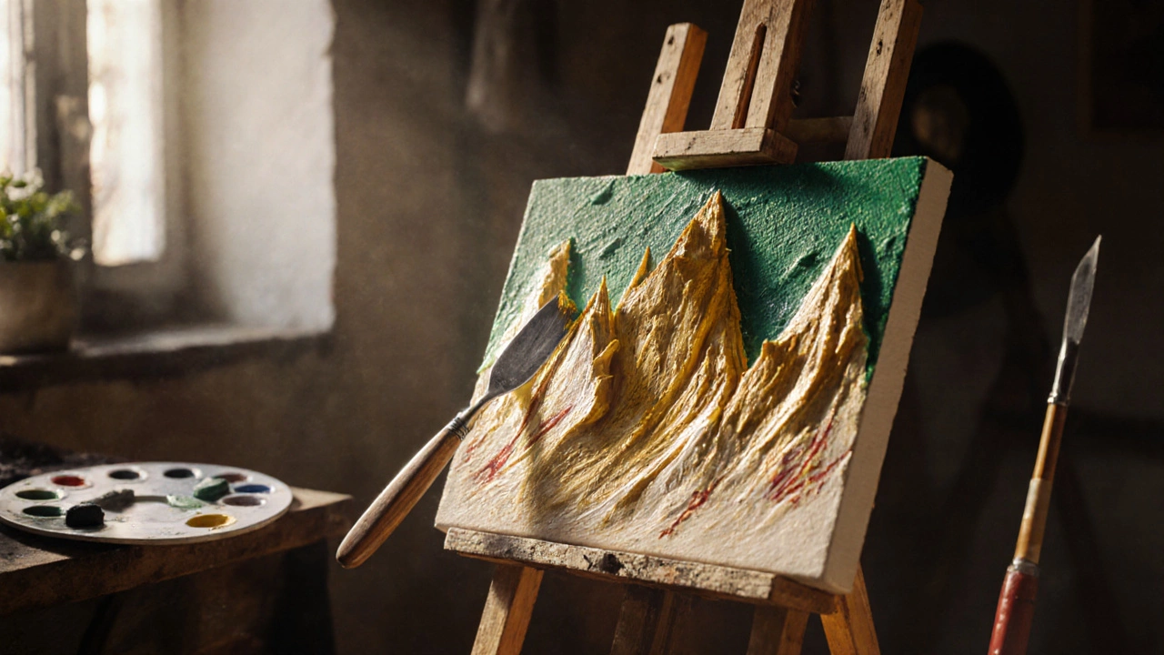 Finished painting with textured impasto peaks and sgraffito scratches on an easel.