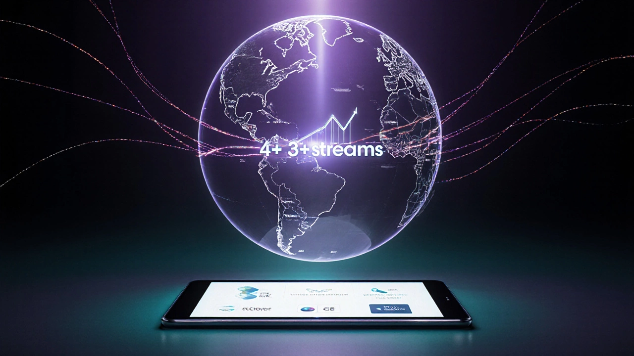 Futuristic holographic Earth with glowing music streams representing billions of plays.