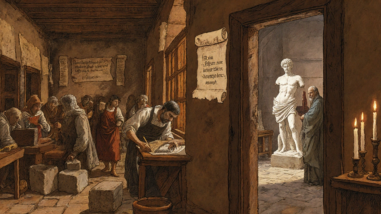 Guild workshop with apprentices carving stone and a Renaissance studio where a master signs a marble torso.