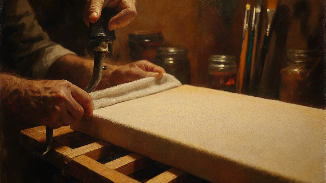 Hands stretching a canvas on stretcher bars and applying gesso in a workshop.