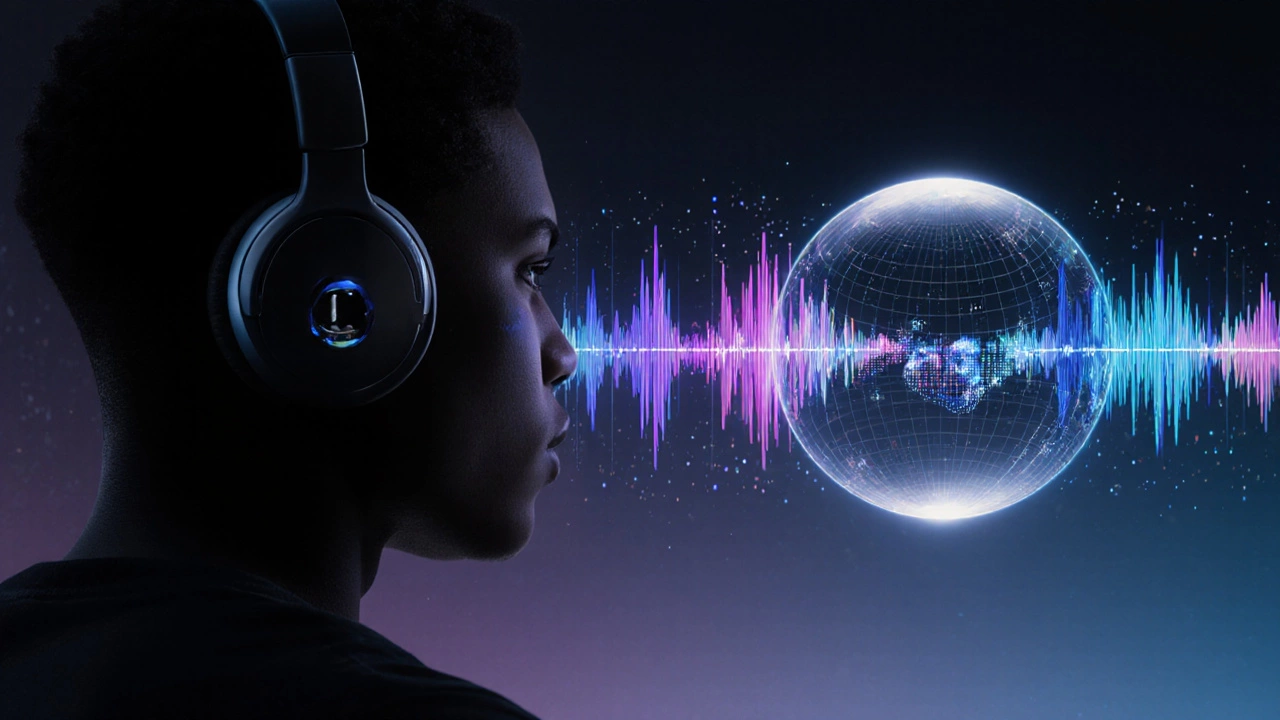 Listener with AirPods Pro surrounded by colorful sound waves and Dolby Atmos sphere.