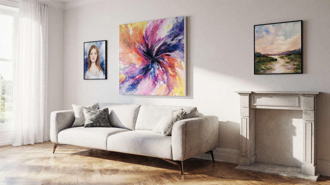 Living room scene showing three oil paintings of varying sizes hung above furniture.
