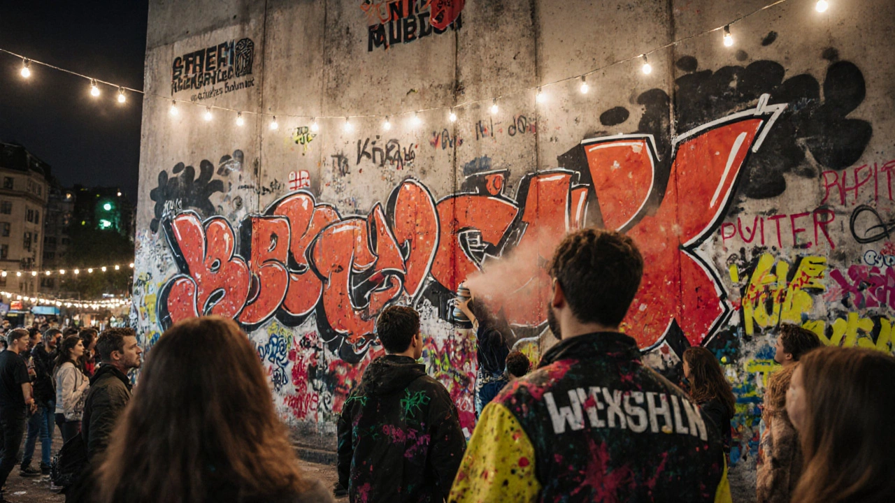 Low‑angle photo of a lively Berlin street art festival with bold murals and crowd of artists.