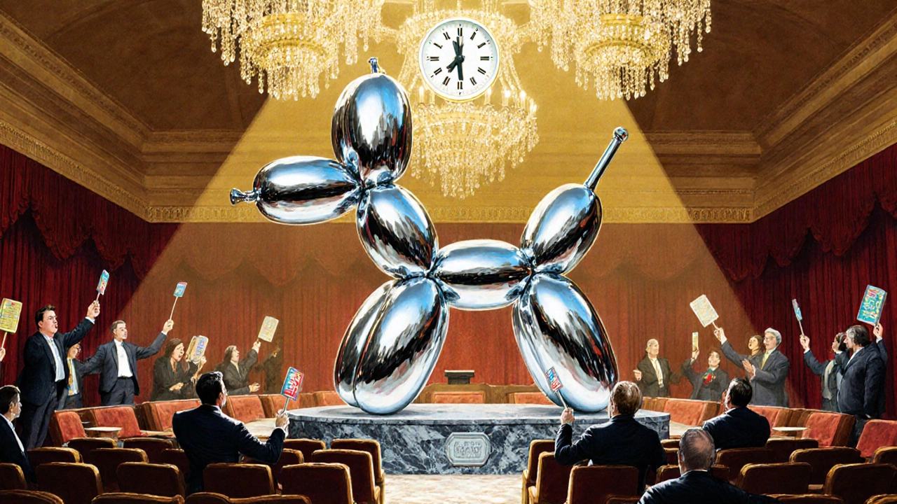 Magazine style illustration of an auction hall with a shiny stainless‑steel balloon dog and bidders raising paddles.