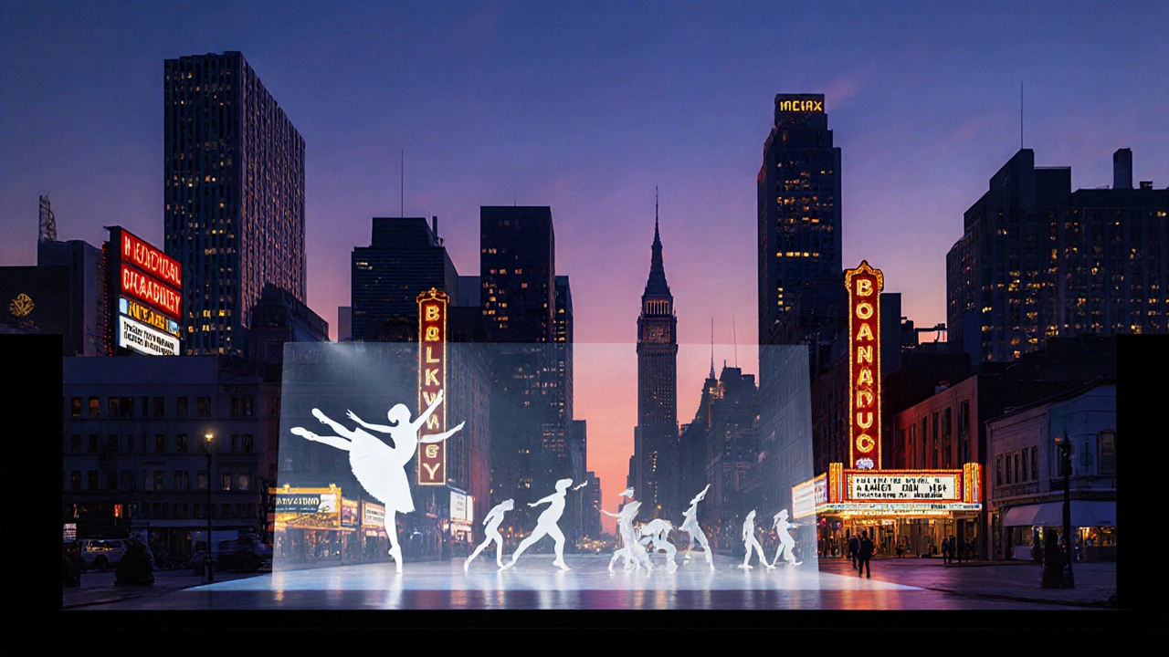 Modern city skyline with theater lights and ghostly early musical stage elements.