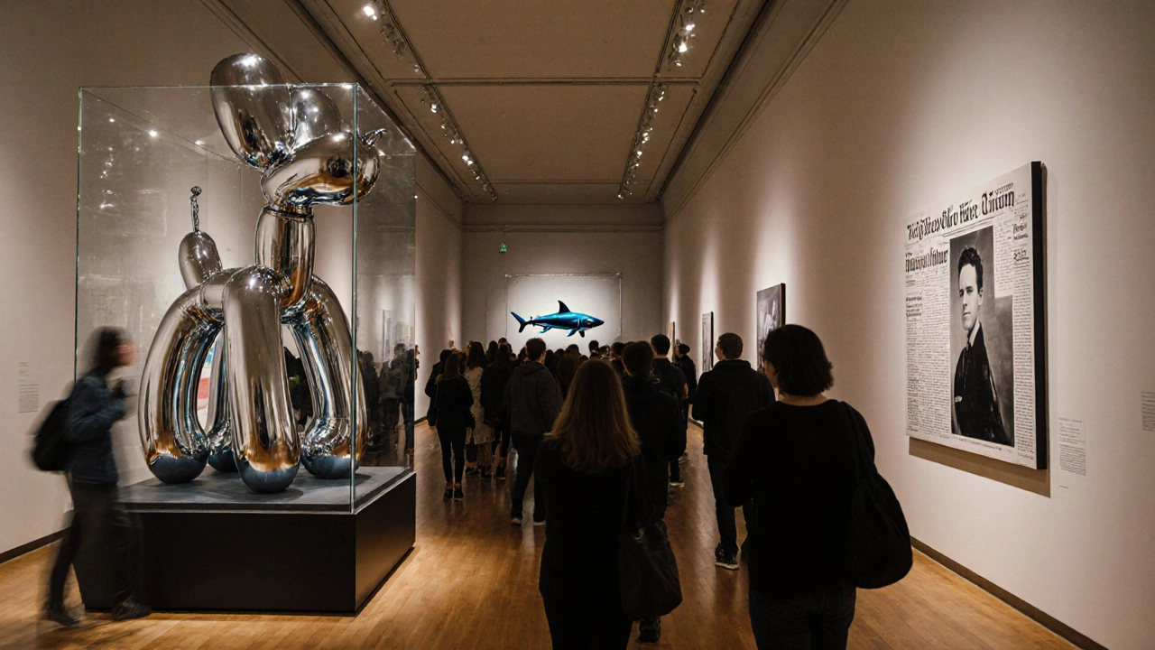 Museum hallway featuring Koons balloon dog, Hirst shark in gel, and Richter-style photorealistic painting.