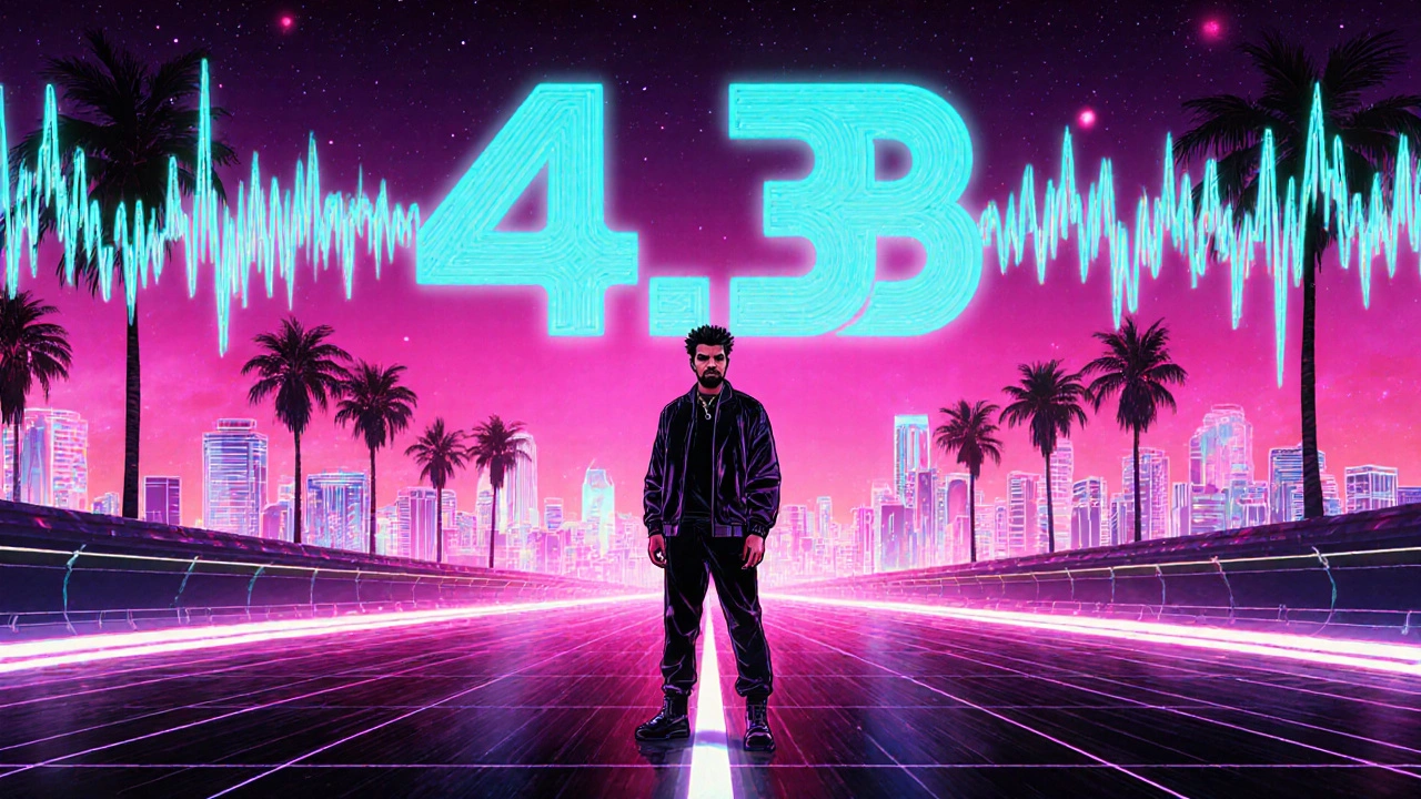Neon‑lit silhouette of The Weeknd on a synthwave cityscape with streaming count displayed.