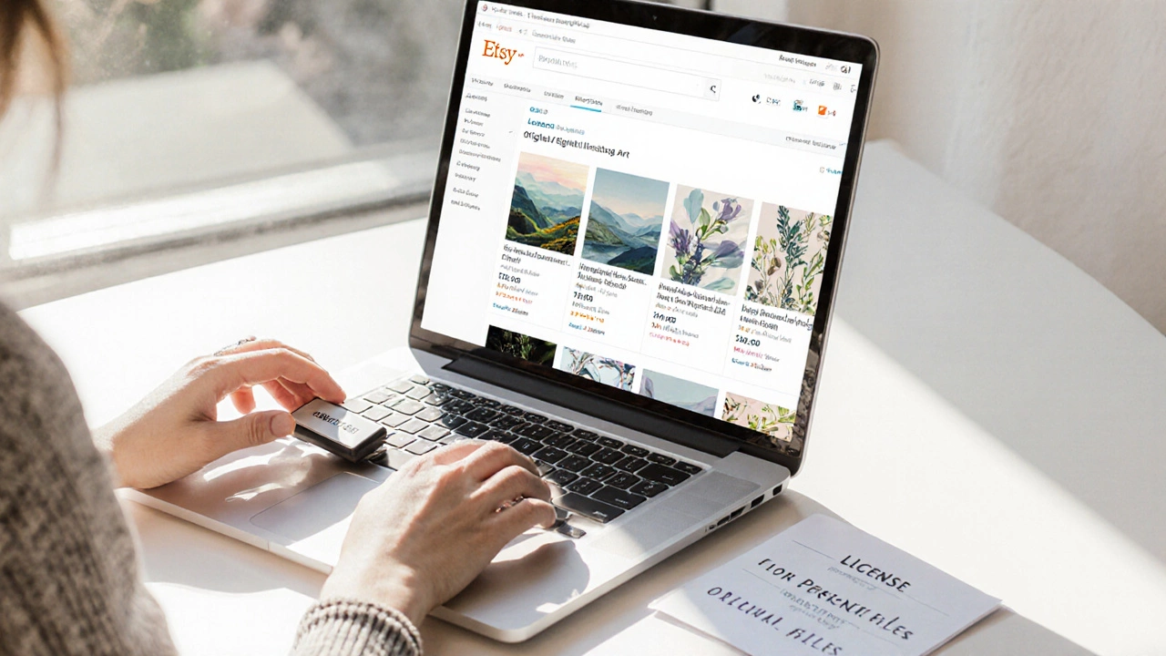 Original digital art listings on a laptop with watermarked previews and a personal use license note.