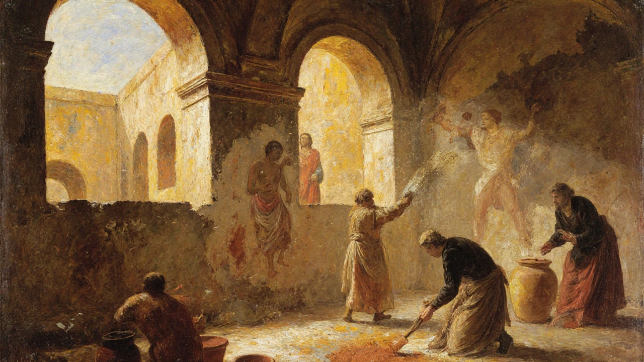 Renaissance fresco workshop scene with a master applying pigment to wet plaster on a wall.