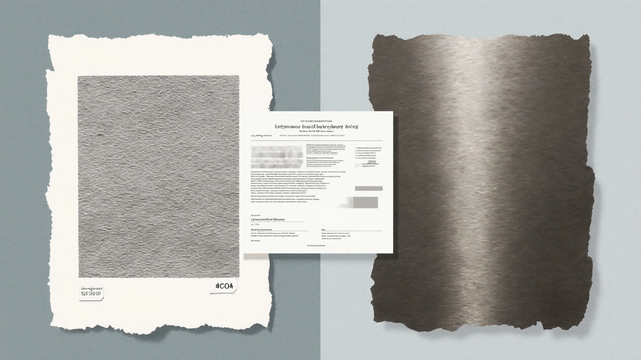 Side-by-side view of a genuine matte lithograph on cotton paper and a glossy fake on coated paper, with a blurred COA.