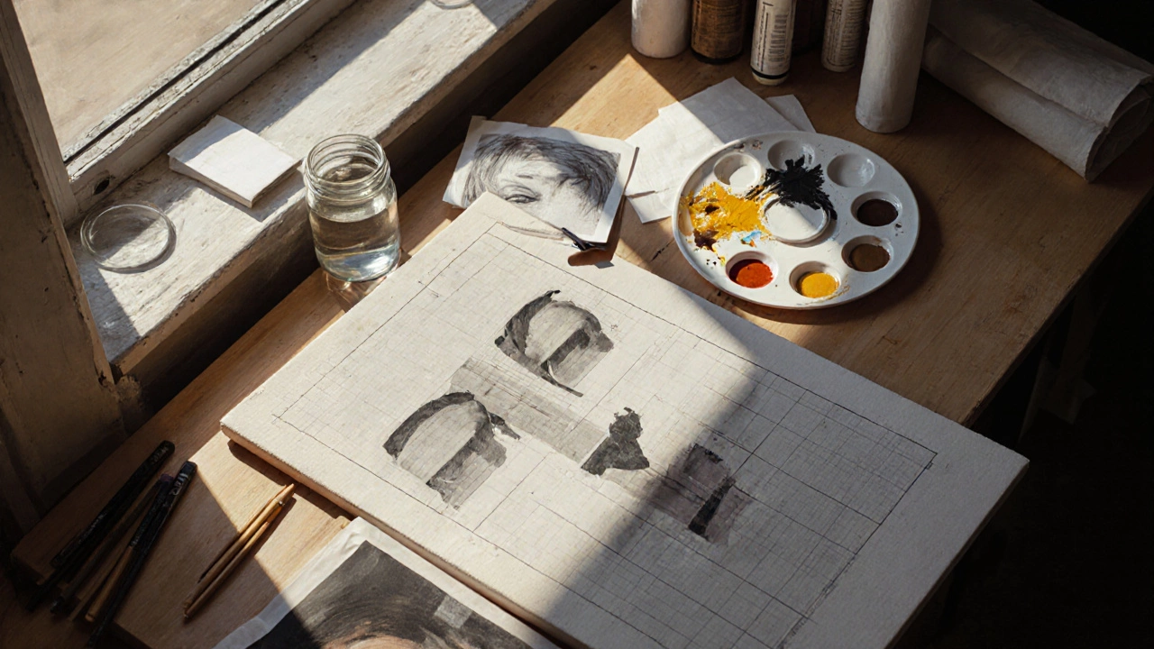 Studio desk with canvas grid, pencil sketch, reference photo, and limited oil palette.