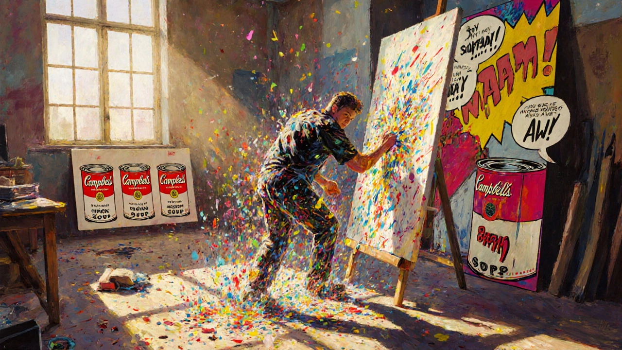 Studio scene with Pollock drip painting, Warhol soup cans, and Lichtenstein comic panel.
