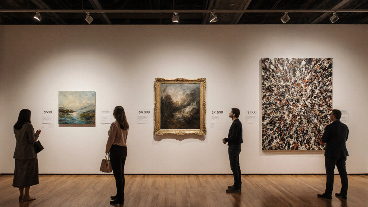 Three artworks displayed at different price points in a gallery setting.