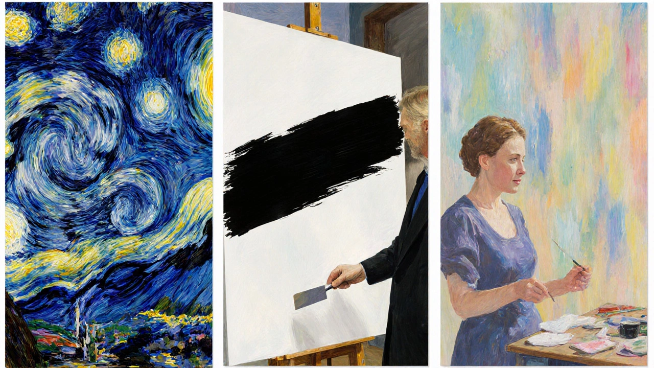 Three historic artists applying knife paint: van Gogh, Kline, and Frankenthaler.
