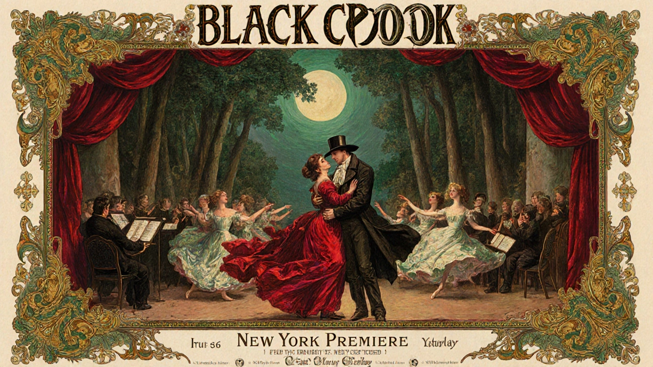 Vintage poster of The Black Crook with dramatic characters, dancers, and orchestra.