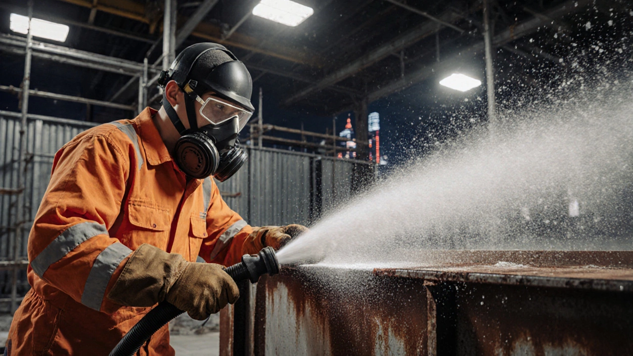 Worker in protective gear operating an abrasive blasting system on metal panels.