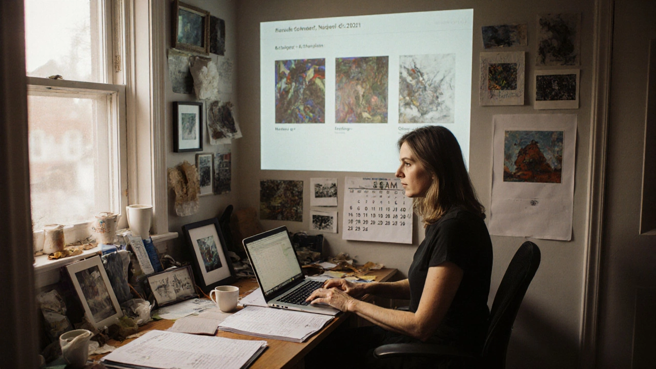 A gallery owner working at a home office filled with spreadsheets and projected artworks.