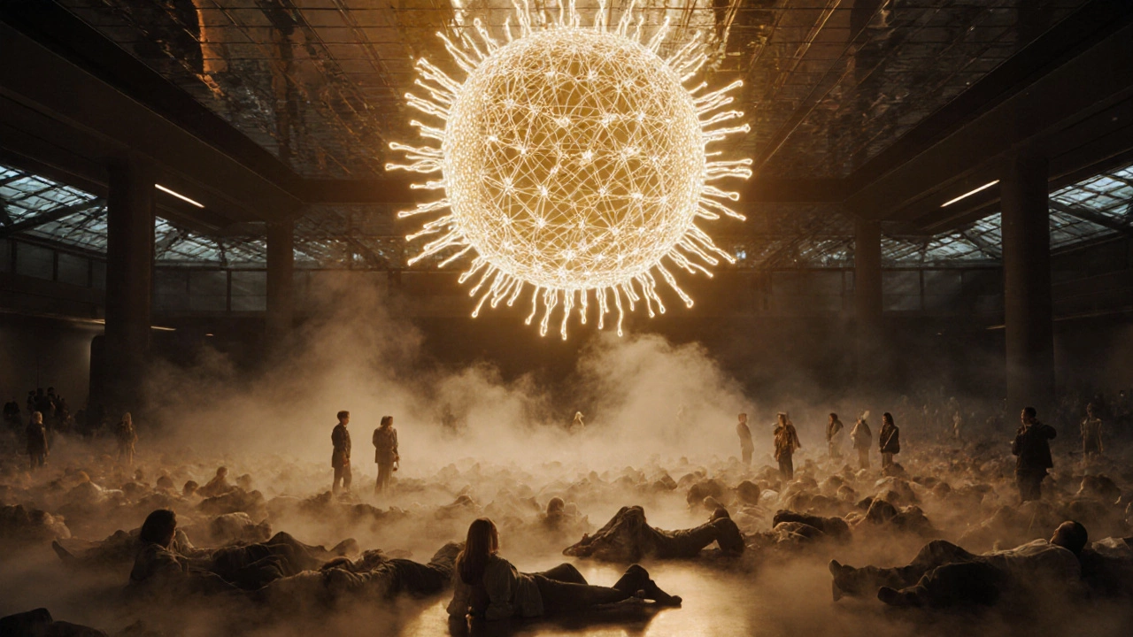 A giant artificial sun in a misty museum hall, visitors lying down and gazing upward in awe.