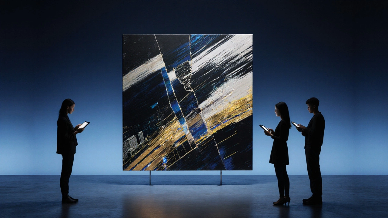 A modern abstract artwork merges traditional brushwork with digital elements in a sleek studio environment.