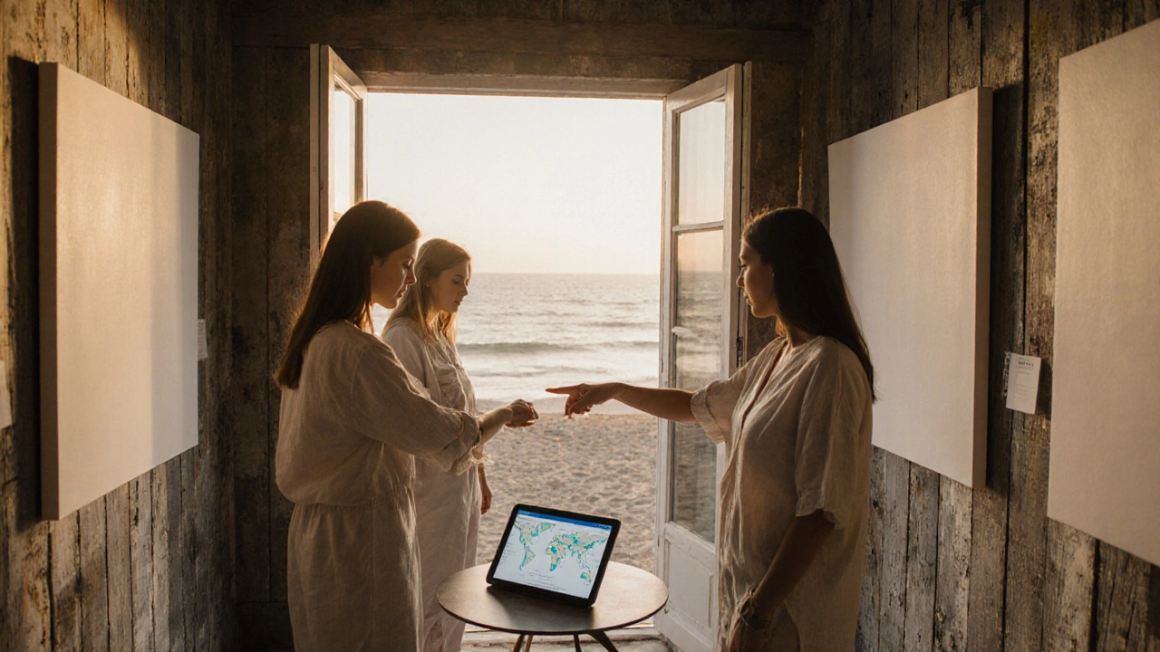 A pop-up gallery by the beach with collectors examining art during golden hour.