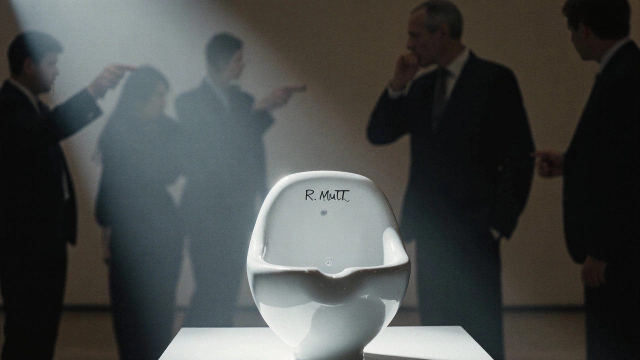 A porcelain urinal on display under a spotlight, shadowy museum-goers reacting in the background.