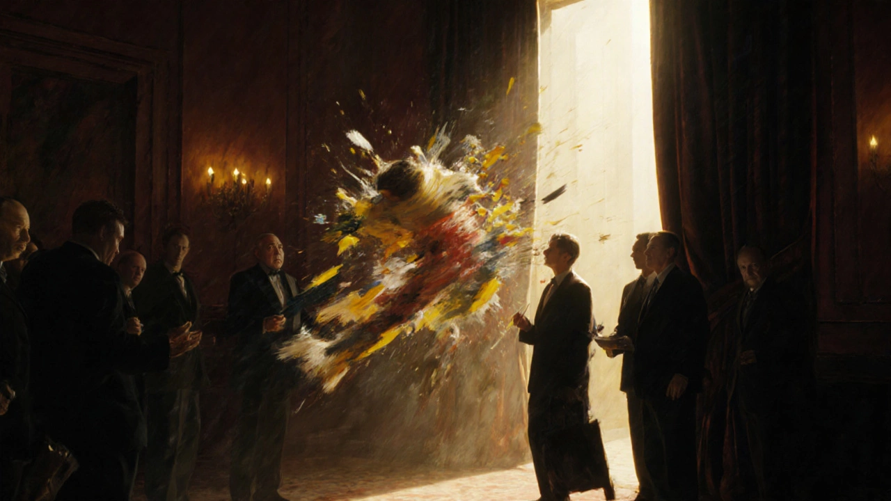 A priceless de Kooning artwork is being transferred in a shadowy, luxurious auction setting.