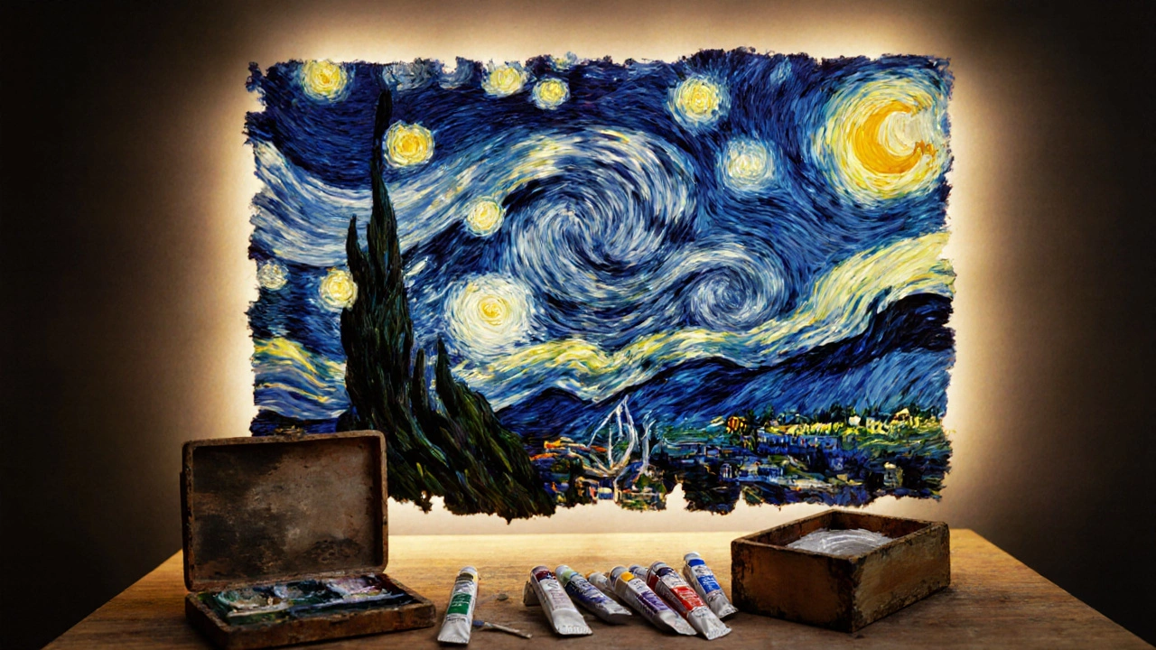 A swirling starry night sky painted with thick brushstrokes, emerging from a canvas with paint tubes beside it.