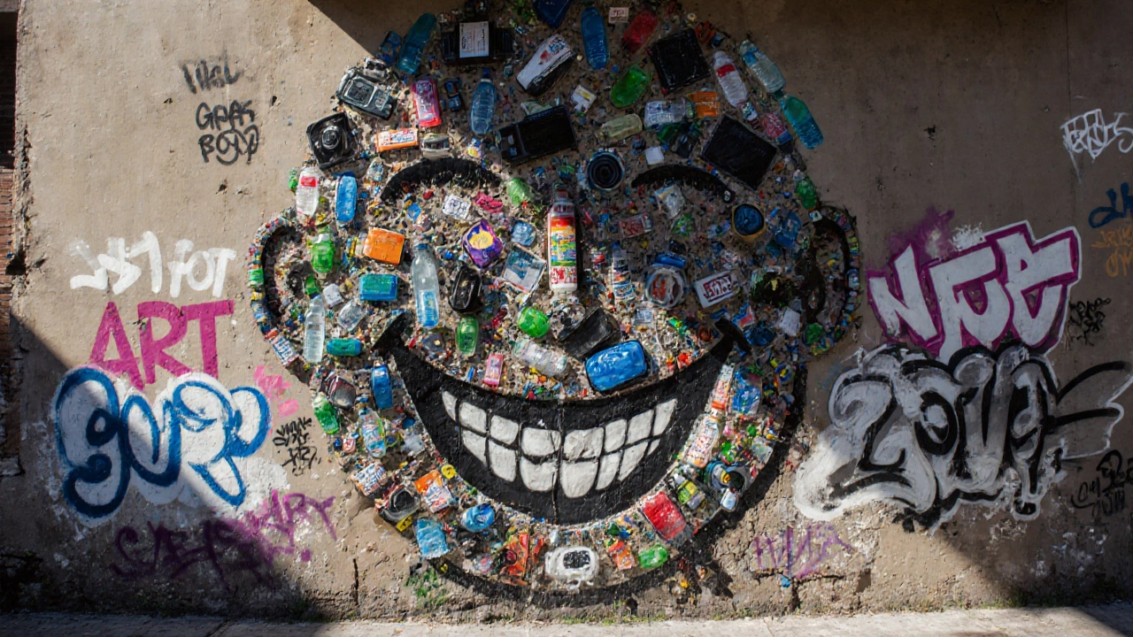 A vibrant street mural made of recycled objects, forming a smiling face on a city wall.