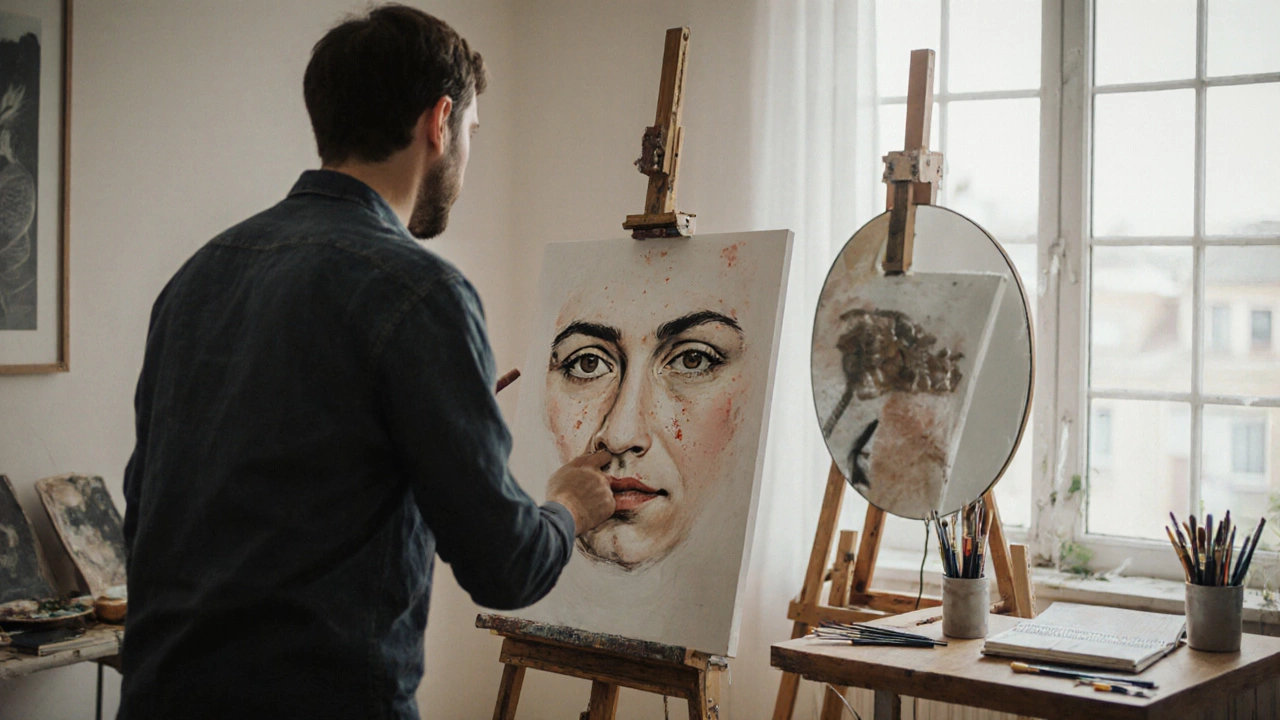 Artist stepping back to view a portrait in progress, holding a mirror to check the reflection.