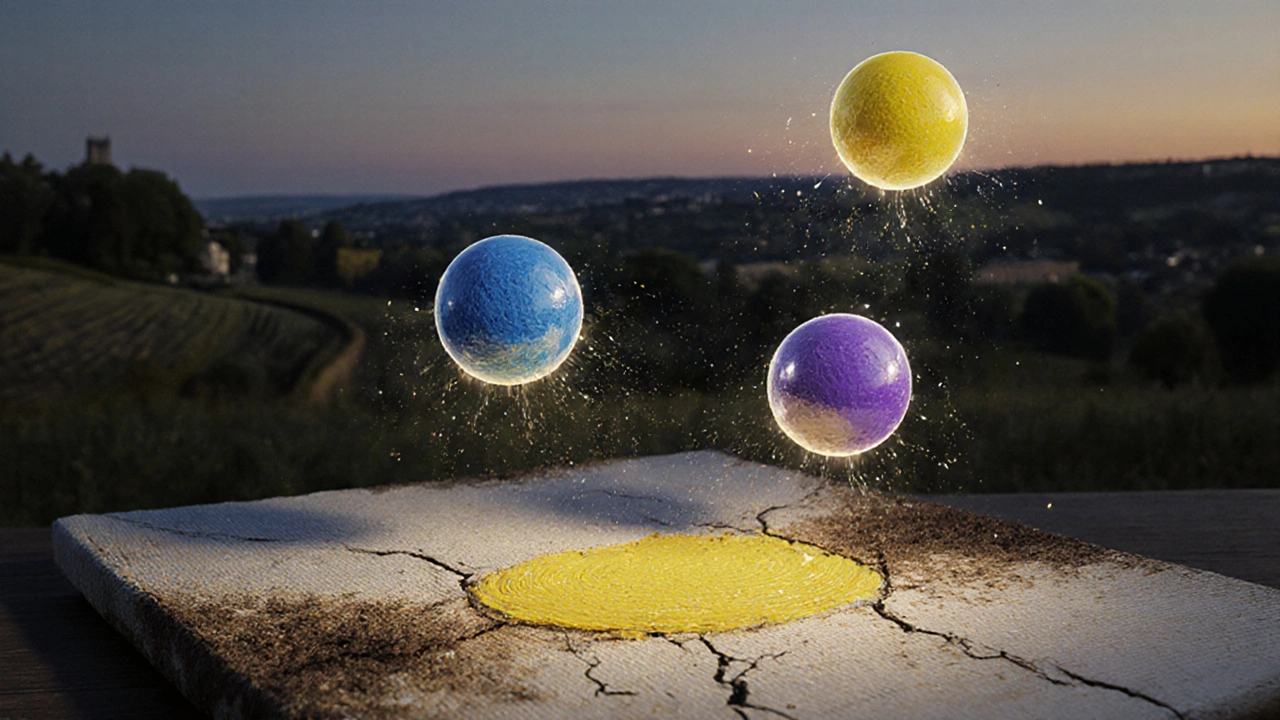 Glowing pigment orbs of yellow, blue, and violet floating above a fading canvas, symbolizing color and emotion.